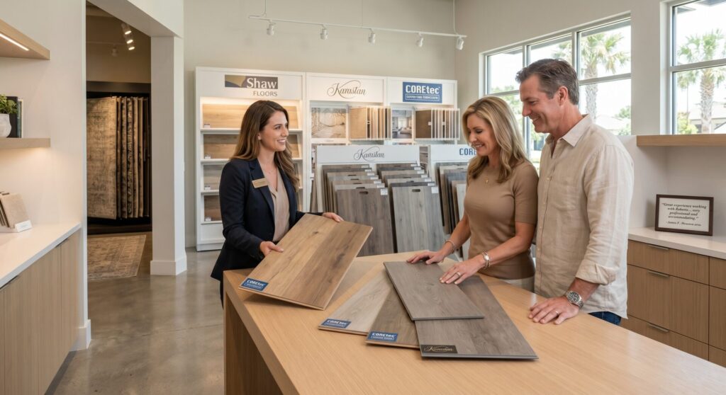 A flooring consultant showing luxury vinyl plank samples to a couple in a brightly lit showroom.