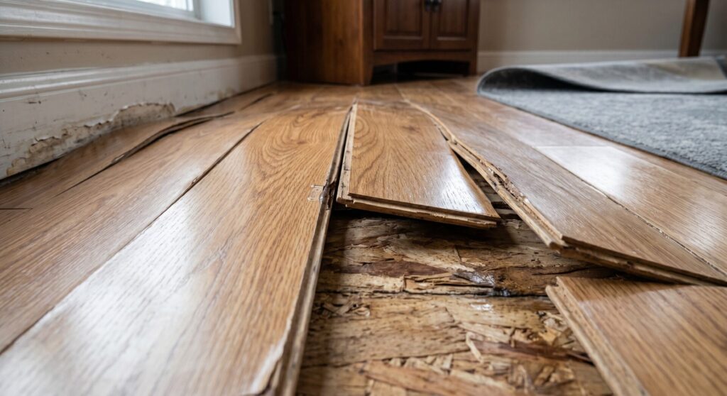 Damaged wood floor buckling with exposed subfloor