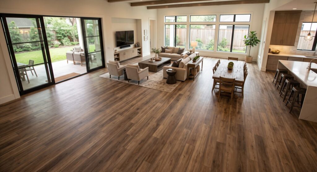 A wide-angle interior view of a large, open-concept luxury home featuring continuous, dark wood-grain luxury vinyl plank flooring throughout the living, dining, and kitchen areas.