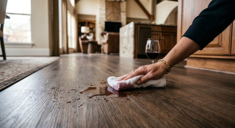 A hand wipes a red wine spill from dark wood-look laminate flooring