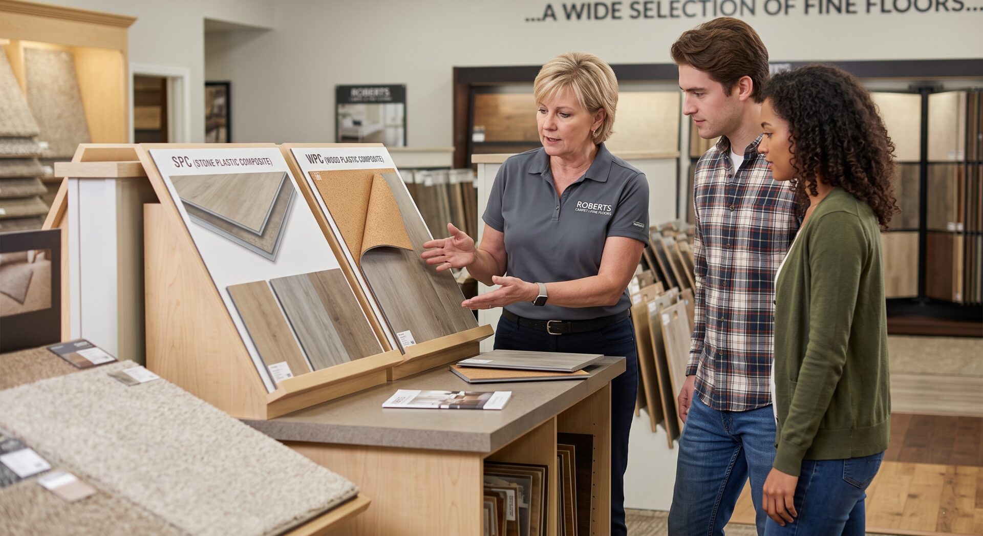 An employee in a Roberts Carpet points out features of WPC flooring samples to a young couple in a flooring showroom.