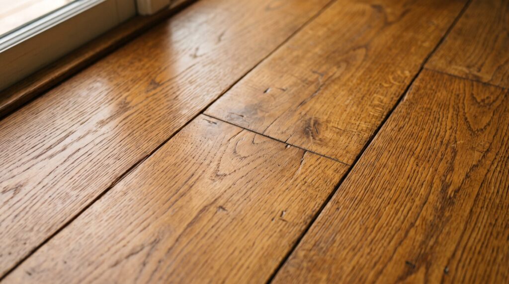 Aged hardwood floor patina with natural grain and subtle wear marks, Houston home.