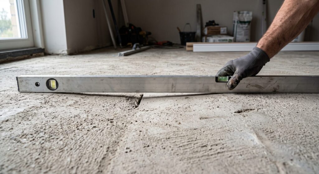 A close-up photograph of a gloved hand placing a metal spirit level on a rough concrete subfloor to check for levelness on a construction site, with a visible crack beneath the tool.