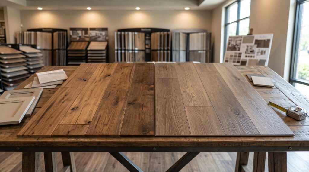 Engineered hardwood and luxury vinyl plank flooring samples in Houston showroom, Roberts Carpet.