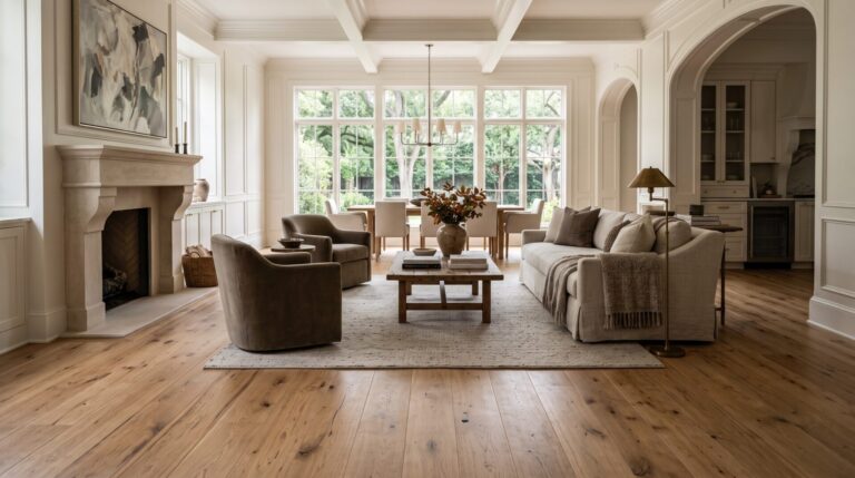 Custom hardwood flooring in luxury Houston home interior, Roberts Carpet.
