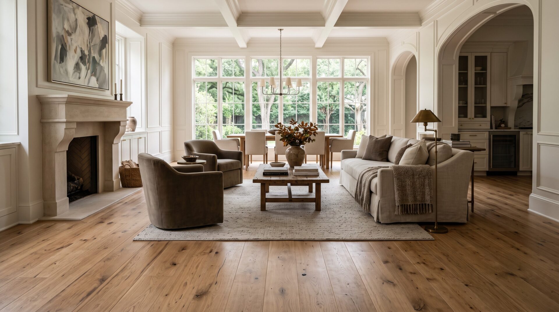 Custom hardwood flooring in luxury Houston home interior, Roberts Carpet.