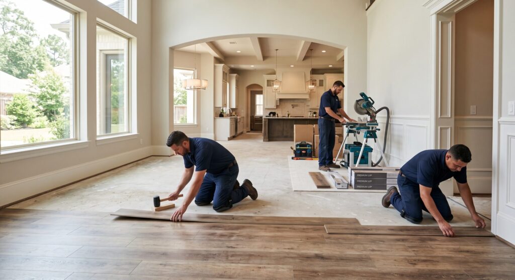 A professional crew in a new high-end home with large windows and an open-plan kitchen installing a luxury vinyl plank wood-pattern floor using specialized tools like a miter saw.