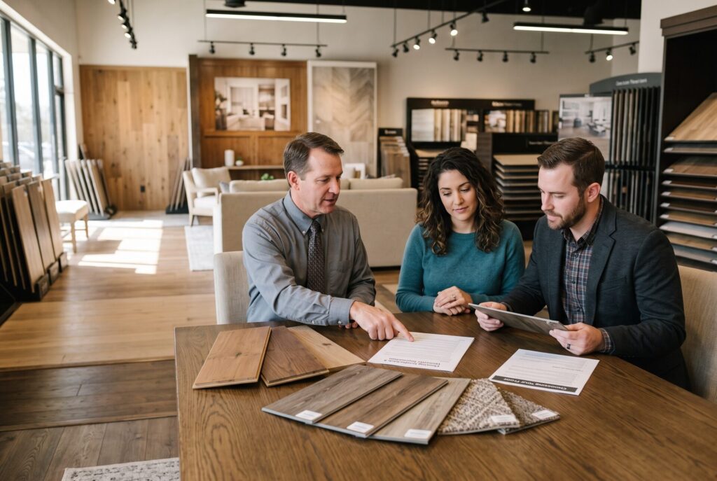 Roberts Carpet and Fine Floors Houston showroom consultation on flooring warranty and product selection
