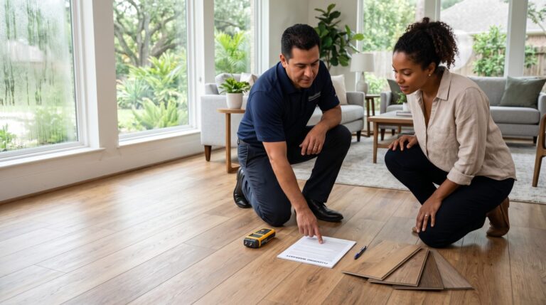 Houston homeowner reviewing flooring warranty documents and moisture testing information with a professional flooring specialist.