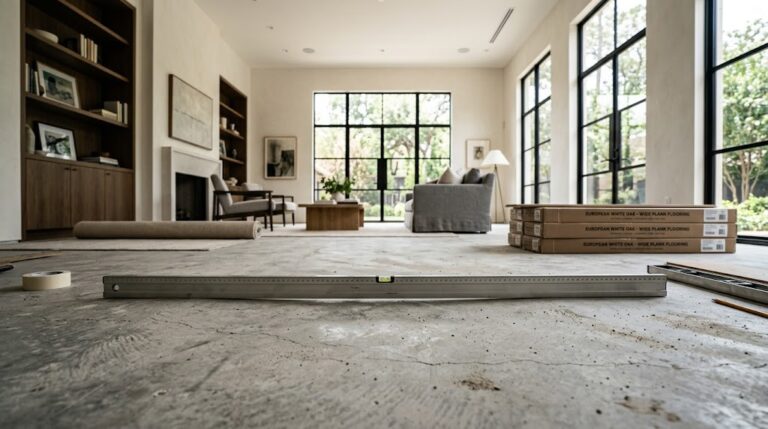 Concrete subfloor with visible gaps under a straightedge showing subfloor preparation needs in a Houston home