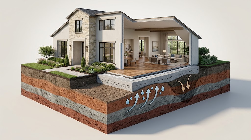 Cross-section diagram of Houston expansive clay soil and concrete slab movement affecting flooring subfloor conditions