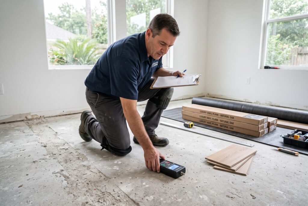 Professional flooring installer testing moisture in a Houston concrete slab before luxury vinyl plank installation.