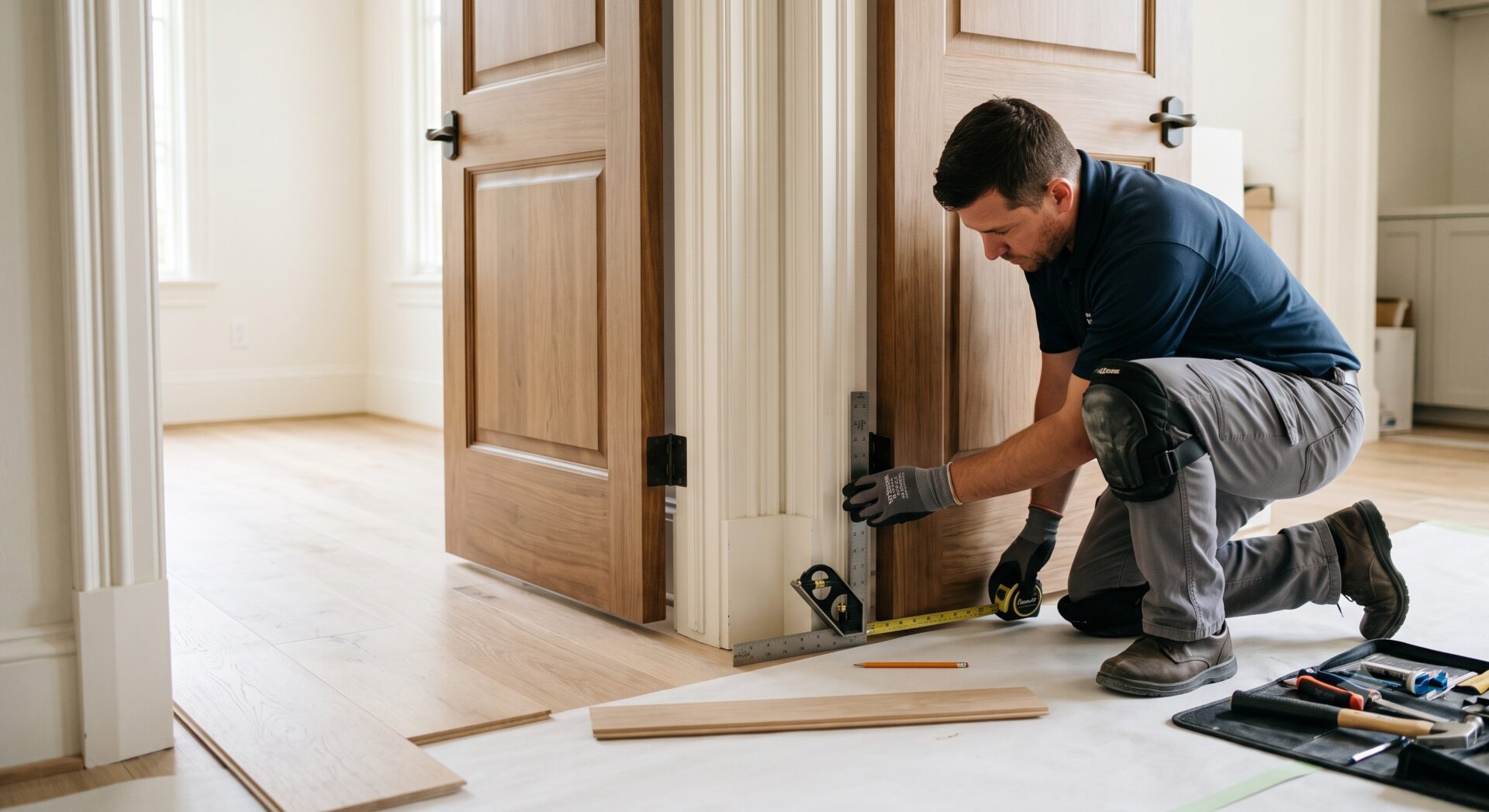 Roberts Carpet installer measuring door jamb clearance during professional flooring installation in Houston