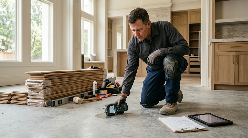 Roberts Carpet professional installer testing subfloor moisture with a calibrated meter in a Houston home before flooring installation