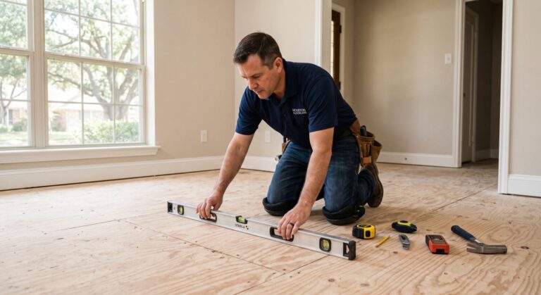 Professional flooring installer in a Houston-style home using a 4ft level to inspect the subfloor flatness before new floor installation, demonstrating proper preparation and craftsmanship. (tools like tape measure, knife, and hammer nearby).