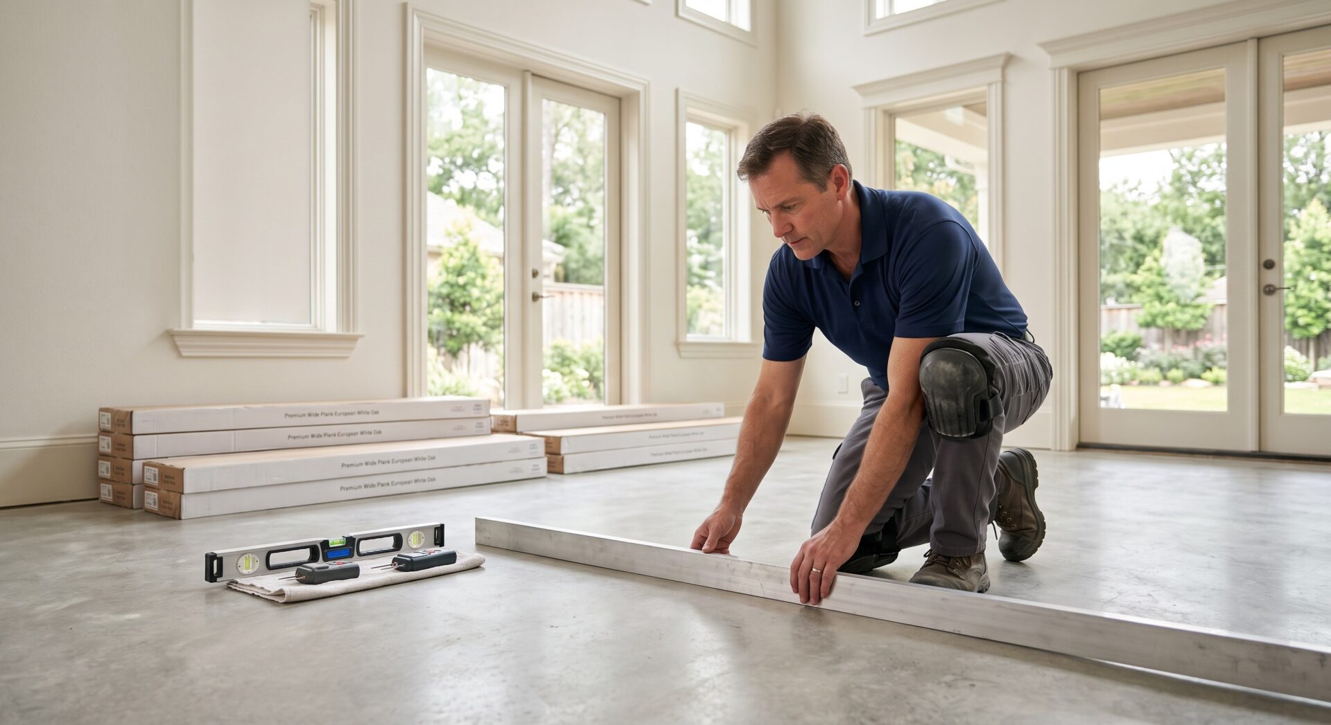 Professional flooring installer checking subfloor flatness with a straightedge in a Houston home before hard surface installation