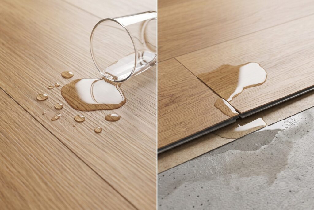 Waterproof flooring surface water compared with moisture penetrating plank joints and reaching the subfloor.