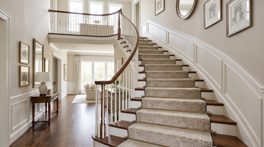 An elegant curved staircase with a patterned carpet runner and brass rods in a sophisticated home.