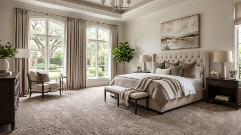 A luxurious, sunlit master bedroom with wall-to-wall textured carpet, a large tufted king bed, a seating area, and grand windows.