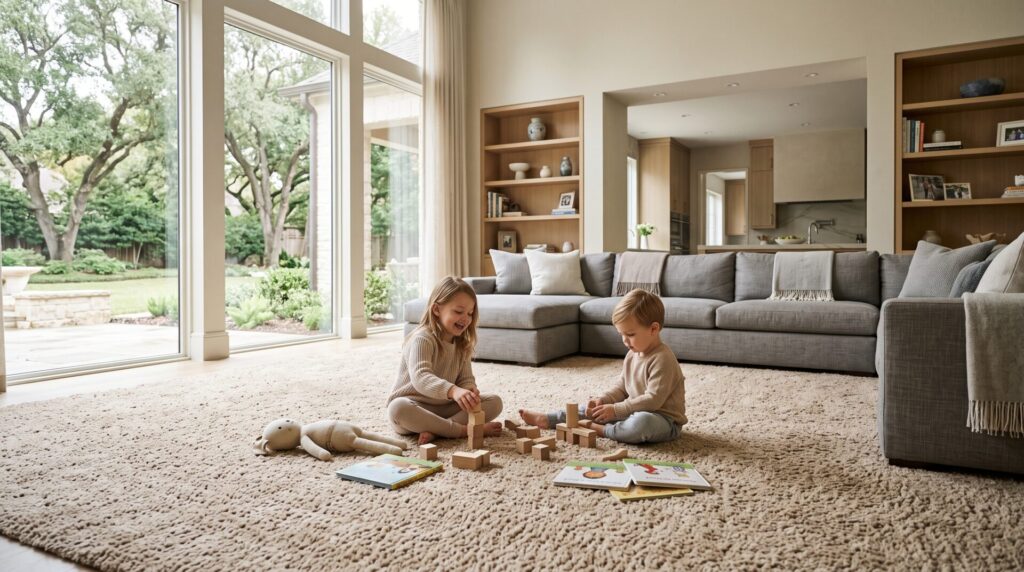 Two children play with wooden blocks on a plush, cream-colored carpet in a large, modern living room with big windows.