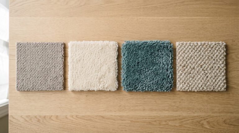 Carpet fiber swatches showing nylon, SmartStrand triexta, polyester, and wool options available at Roberts Carpet & Fine Floors Houston