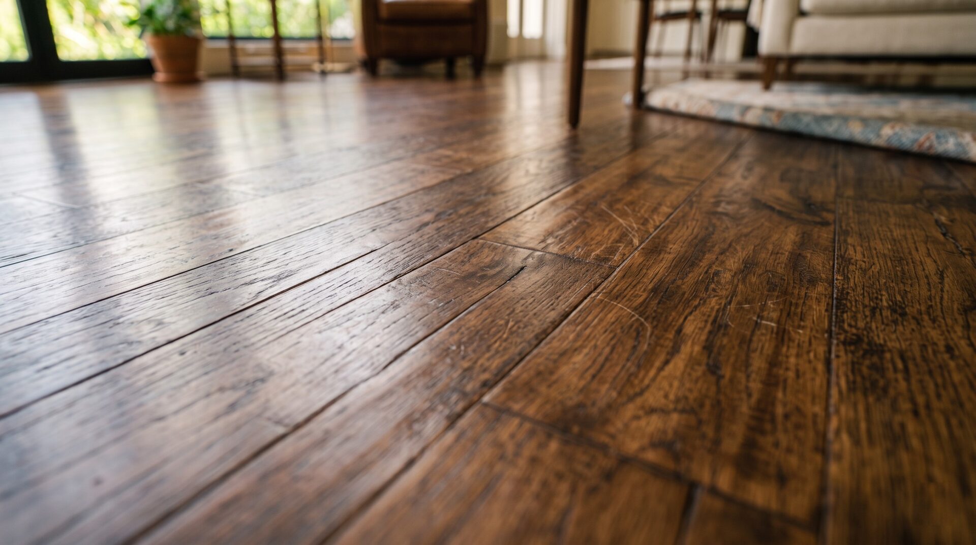Close-up of hardwood floor patina and beauty marks showing natural aging character in a Houston home