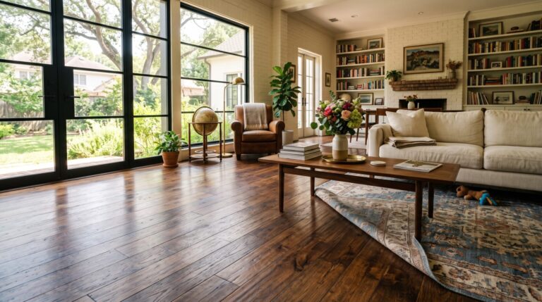Hardwood flooring with natural patina and character in a Houston living room showing how wood ages over time