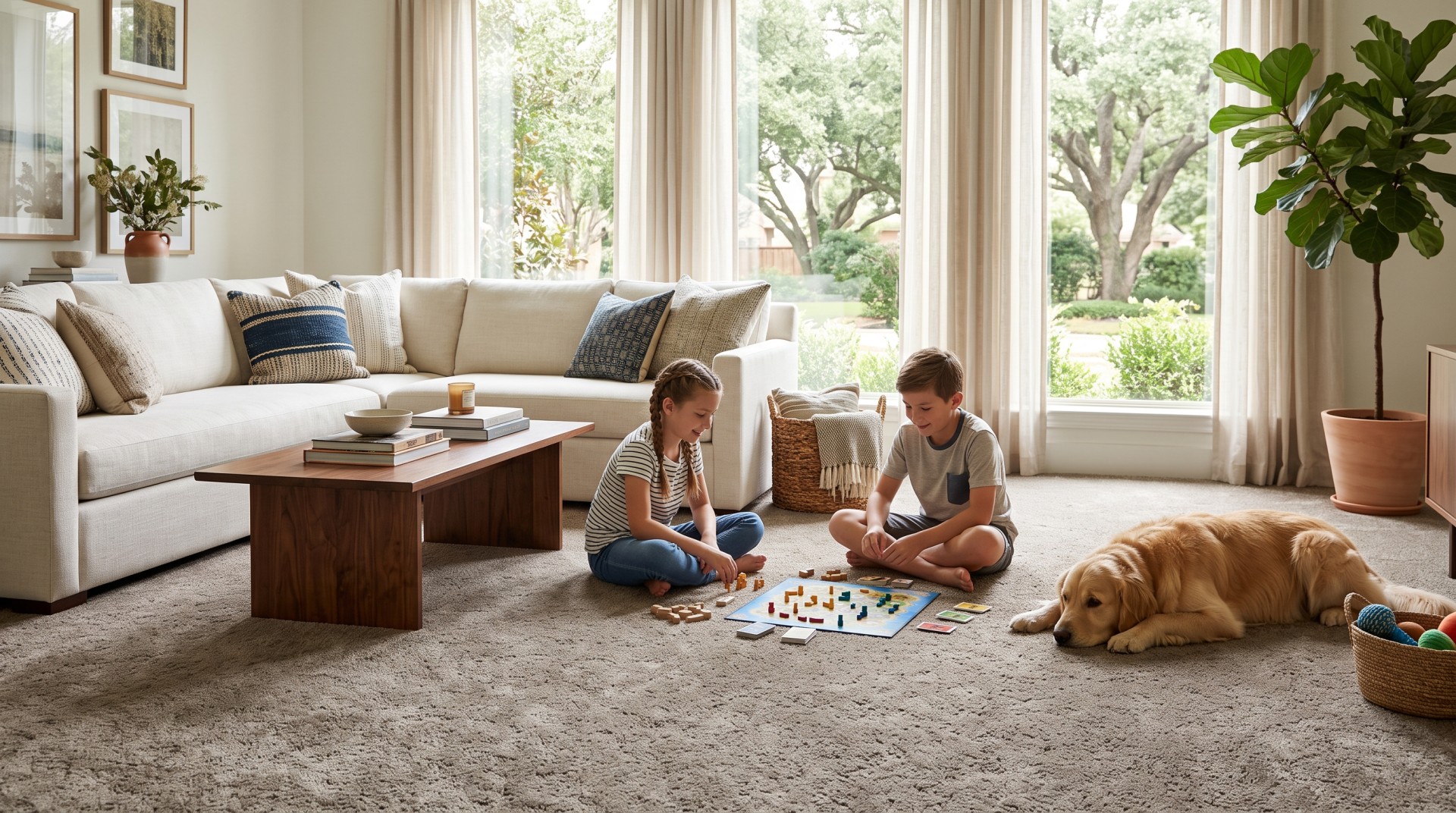 Family living room in Houston TX suburb with SmartStrand carpet installed by Roberts Carpet & Fine Floors, showing durability with kids and pets