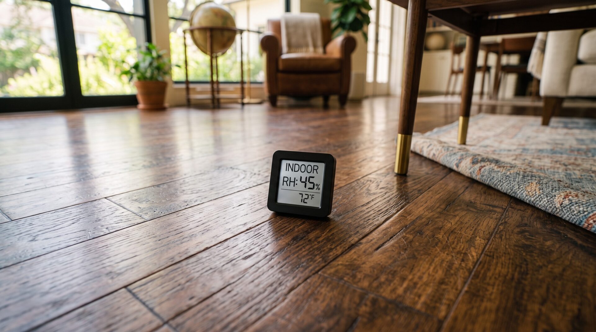 Hygrometer showing indoor humidity level on hardwood flooring in Houston for proper wood floor maintenance