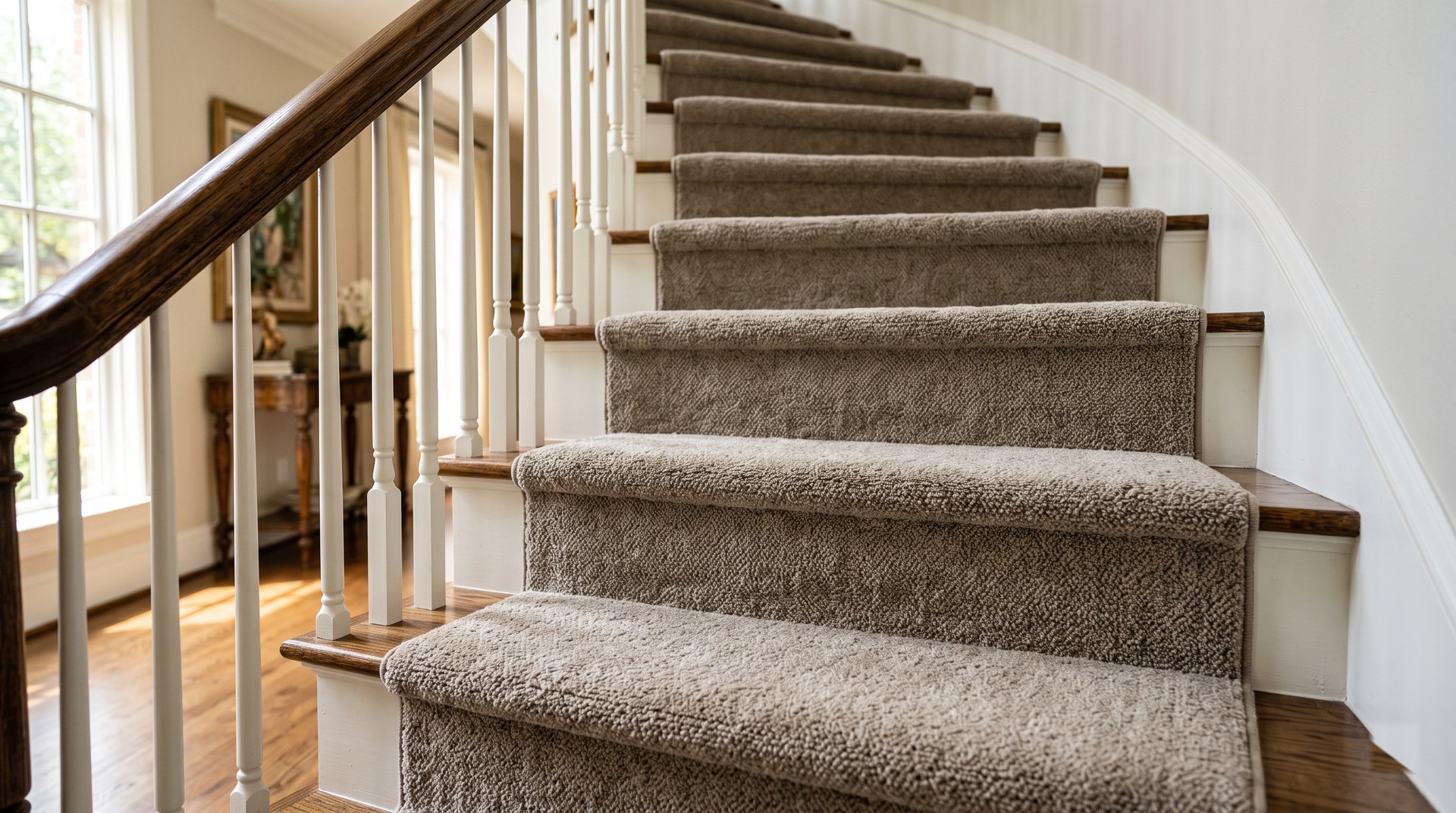 Premium carpet installed on stairs in Houston TX home by Roberts Carpet & Fine Floors, showing proper stretch and edge tuck