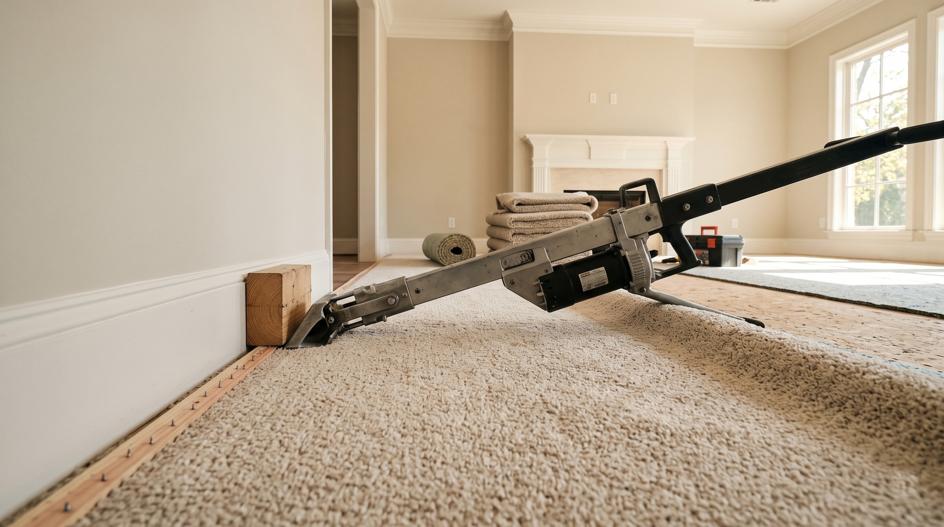 Professional carpet installer power stretching carpet in Houston TX home, Roberts Carpet & Fine Floors installation crew