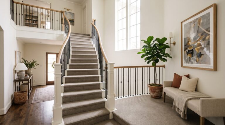 Carpet installed on stairs in Houston TX two-story home by Roberts Carpet & Fine Floors, showing dense low-pile fiber and clean nosing wrap
