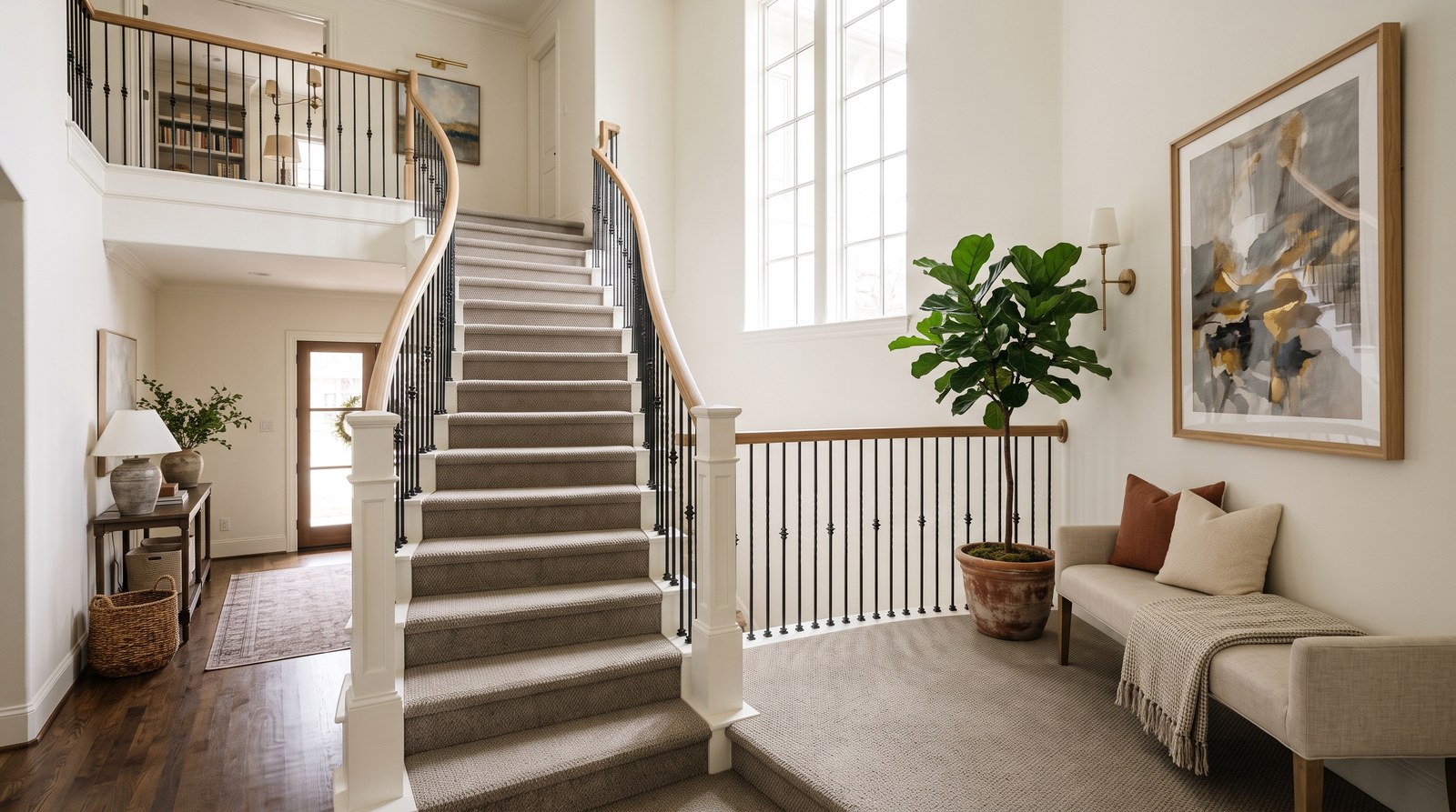 Carpet installed on stairs in Houston TX two-story home by Roberts Carpet & Fine Floors, showing dense low-pile fiber and clean nosing wrap