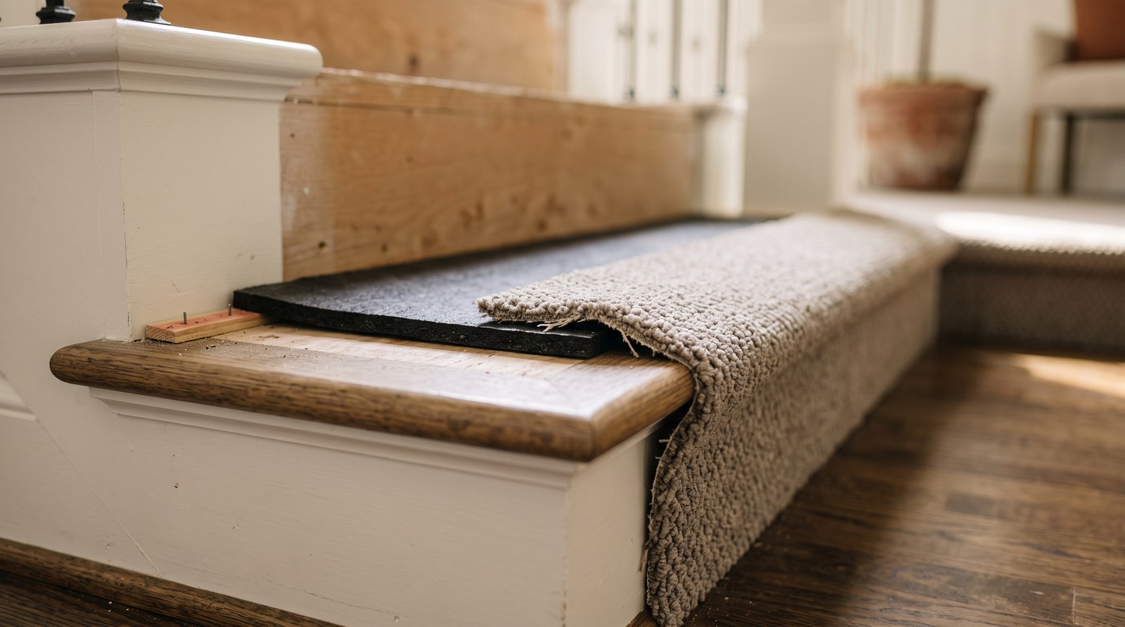 High-density carpet pad on stair tread during installation in Houston home, Roberts Carpet & Fine Floors crew showing correct thin firm pad under stair carpet