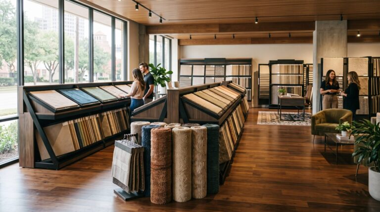 Roberts Carpet & Fine Floors Houston showroom carpet selection showing range of fiber types and styles for Houston homeowners across different budget levels