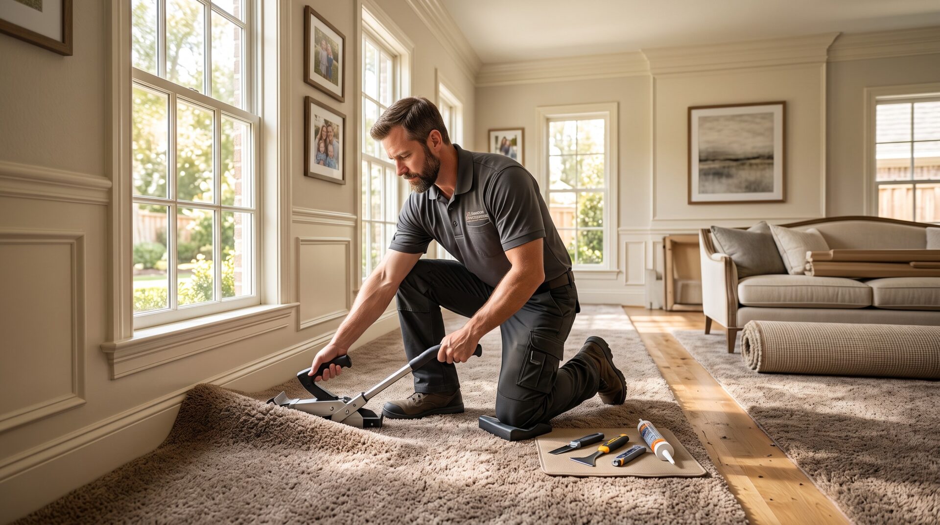 Roberts Carpet & Fine Floors professional installer power-stretching carpet in Houston TX home, showing proper installation technique that protects carpet warranty