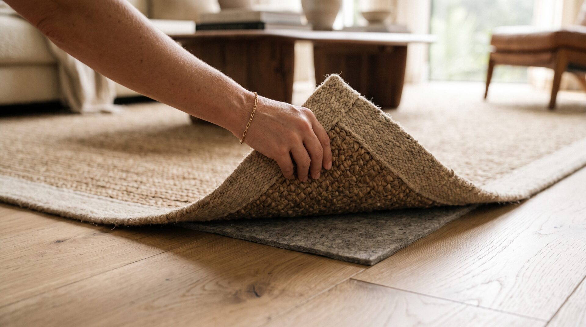 Checking for trapped moisture under an area rug in a humid Houston home