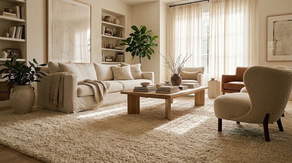 Plush cream wool carpet filling a bright Houston living room with a linen sofa and oak coffee table