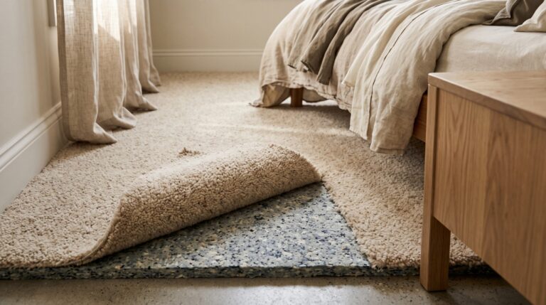 Plush wool carpet corner lifted to show the premium cushion pad underneath in a bedroom