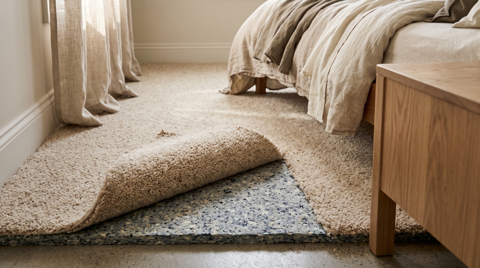 Plush wool carpet corner lifted to show the premium cushion pad underneath in a bedroom