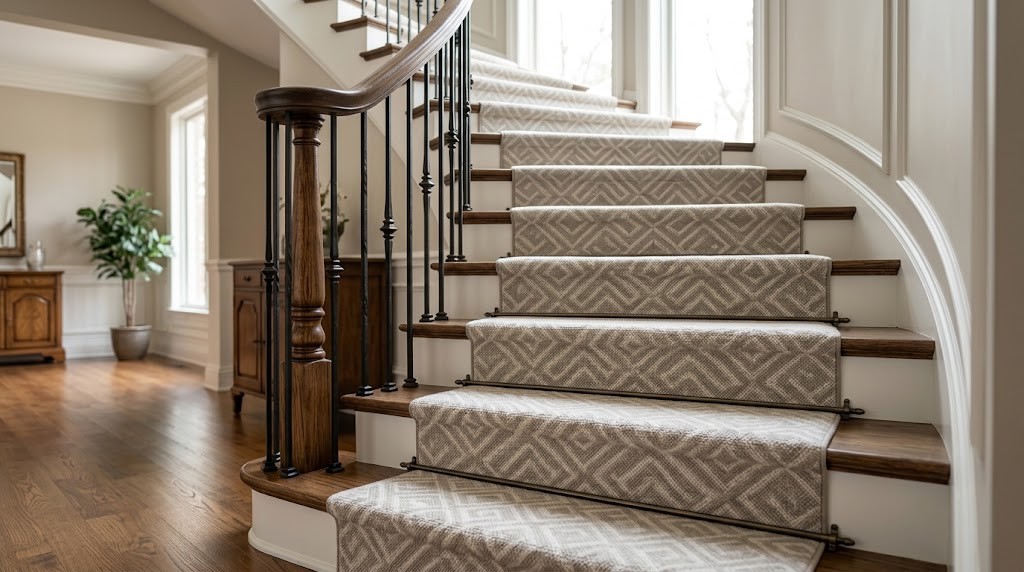 Patterned woven wool stair runner installed on a curved staircase with a wood handrail and iron balusters